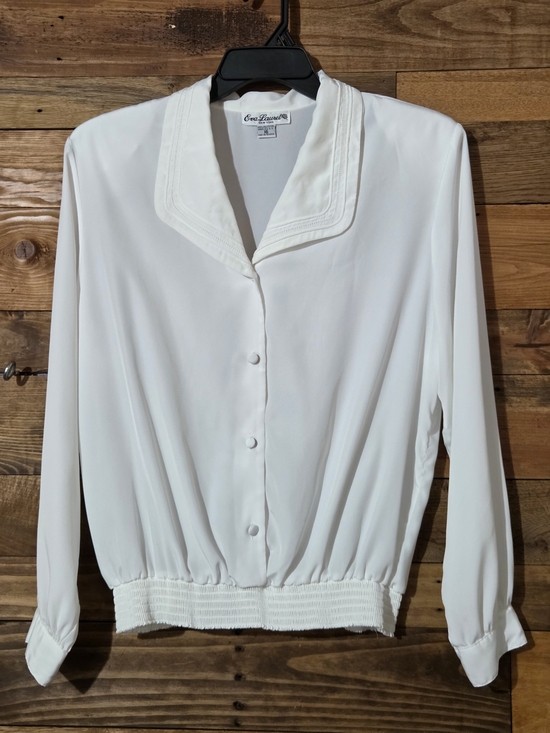 Eva Laurel Tops - VTG Eva Laurel White Blouson Blouse Smocked Waist Button Front Long Sleeve Sz 16
